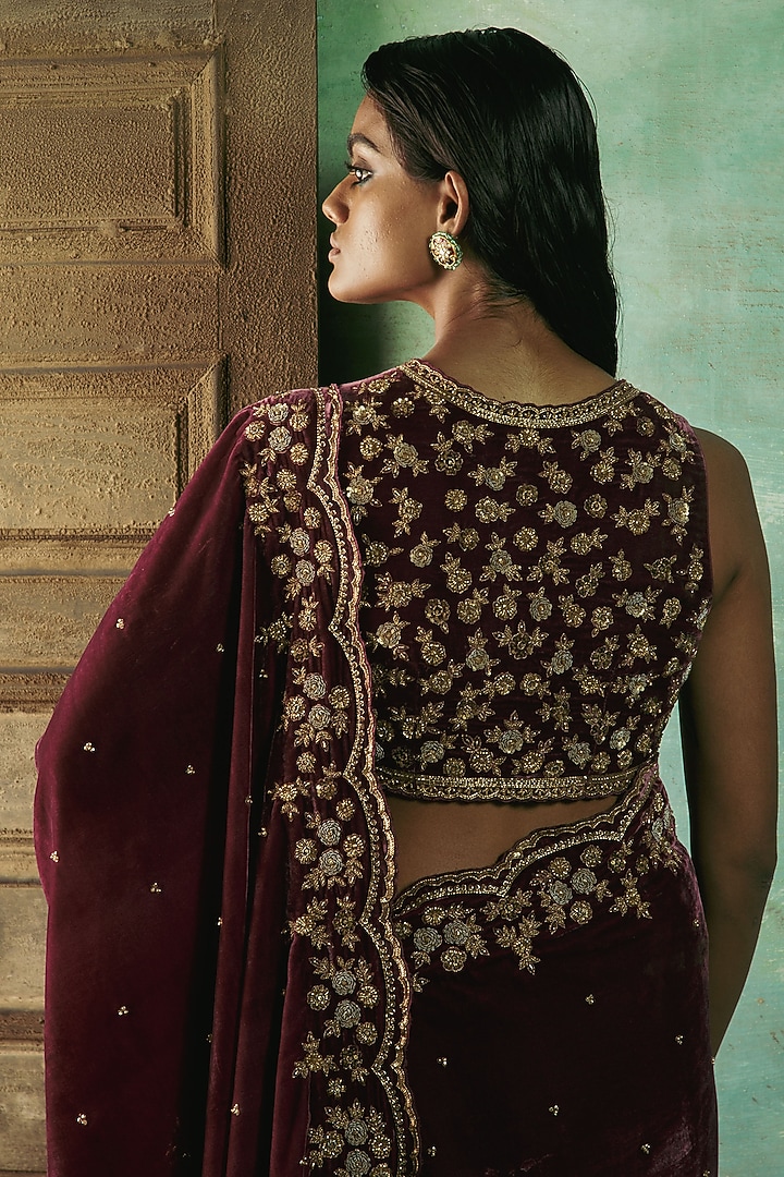 Wine Silk Velvet Cutdana Embroidered Pre-Stitched Wedding Saree Set by Sureena Chowdhri at Pernia's Pop Up Shop
