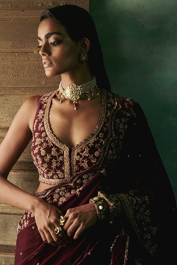 Wine Silk Velvet Cutdana Embroidered Pre-Stitched Wedding Saree Set by Sureena Chowdhri at Pernia's Pop Up Shop