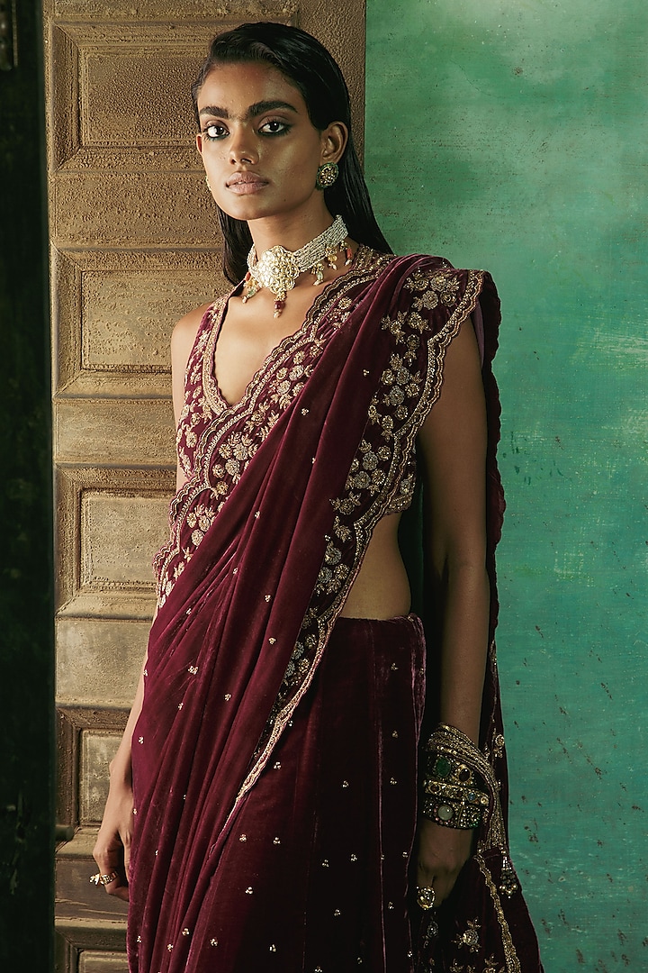 Wine Silk Velvet Cutdana Embroidered Pre-Stitched Wedding Saree Set by Sureena Chowdhri at Pernia's Pop Up Shop