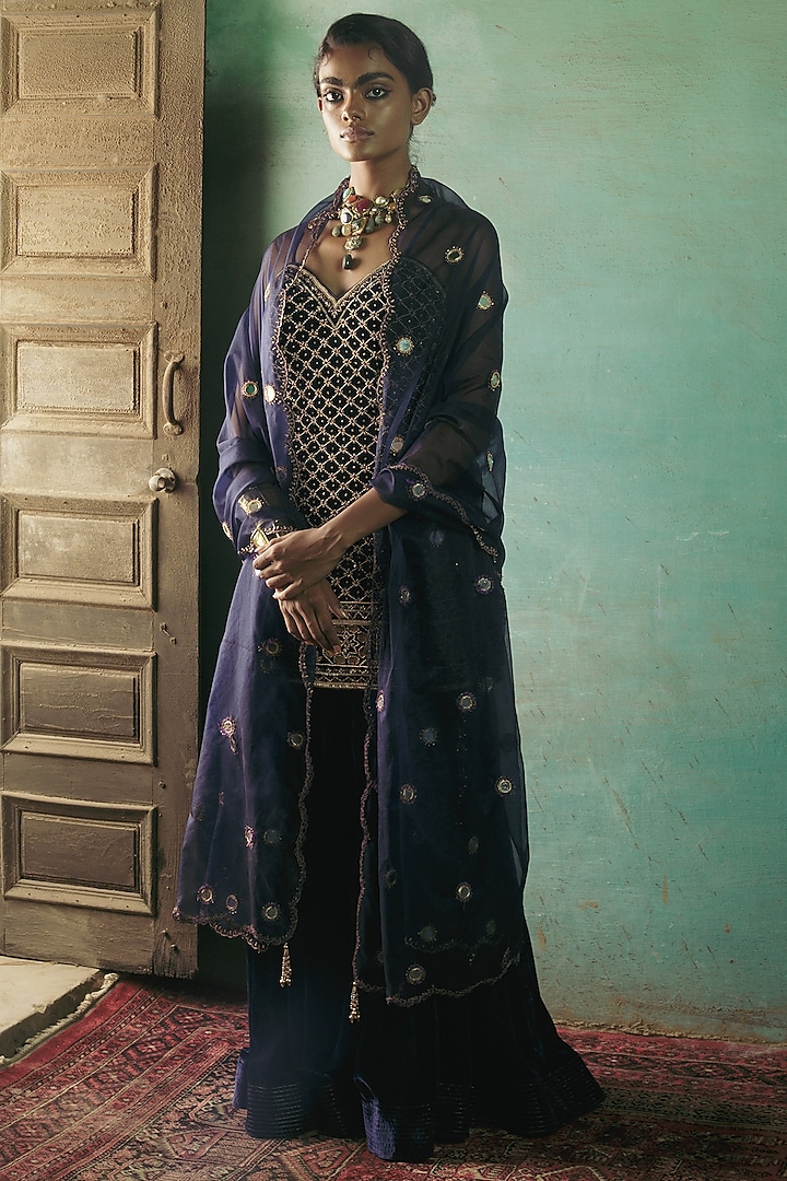 Peacock Blue Silk Velvet Gharara Set by Sureena Chowdhri