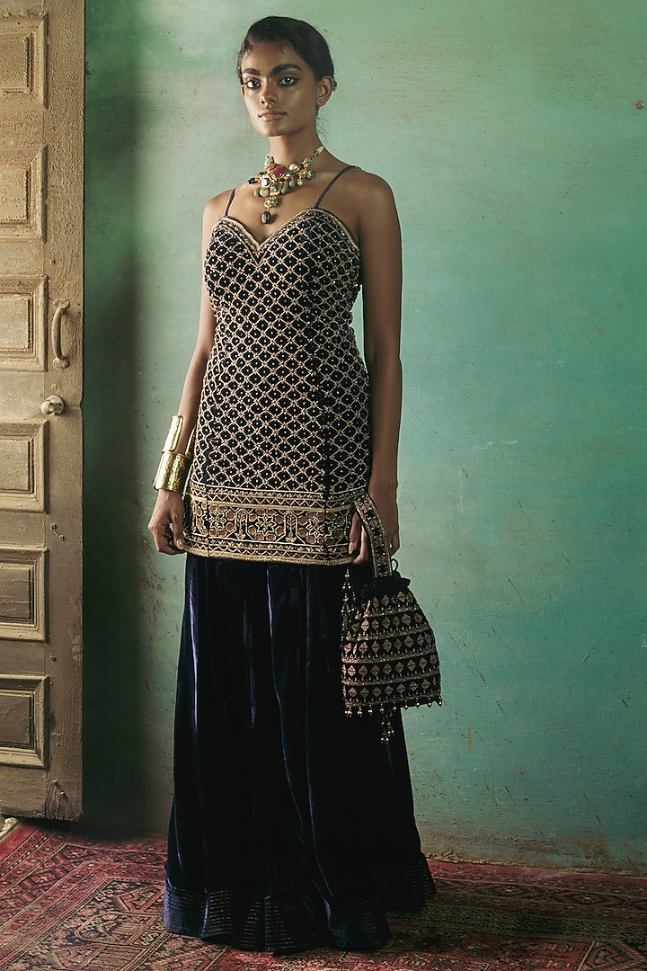 Peacock Blue Silk Velvet Gharara Set by Sureena Chowdhri at Pernia's Pop Up Shop