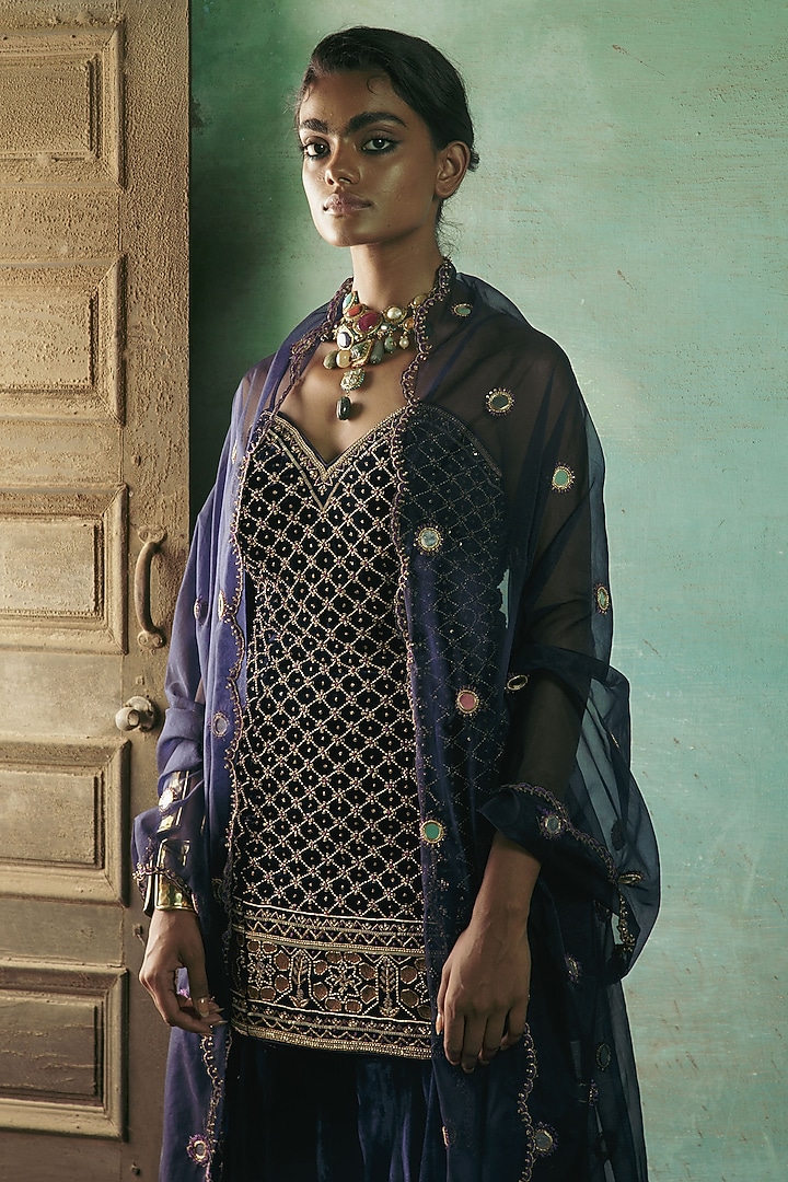 Peacock Blue Silk Velvet Gharara Set by Sureena Chowdhri at Pernia's Pop Up Shop