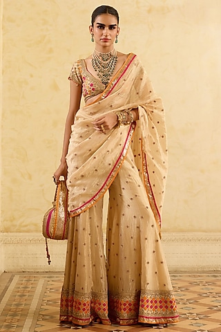Dark Gold Tissue Silk Resham Embroidered Sharara Saree Set by Sureena Chowdhri