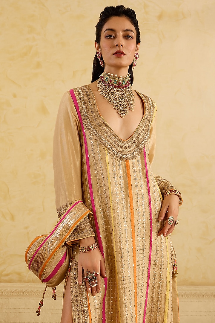 Dark Gold Tissue Silk Zardosi Work Kaftan by Sureena Chowdhri at Pernia's Pop Up Shop