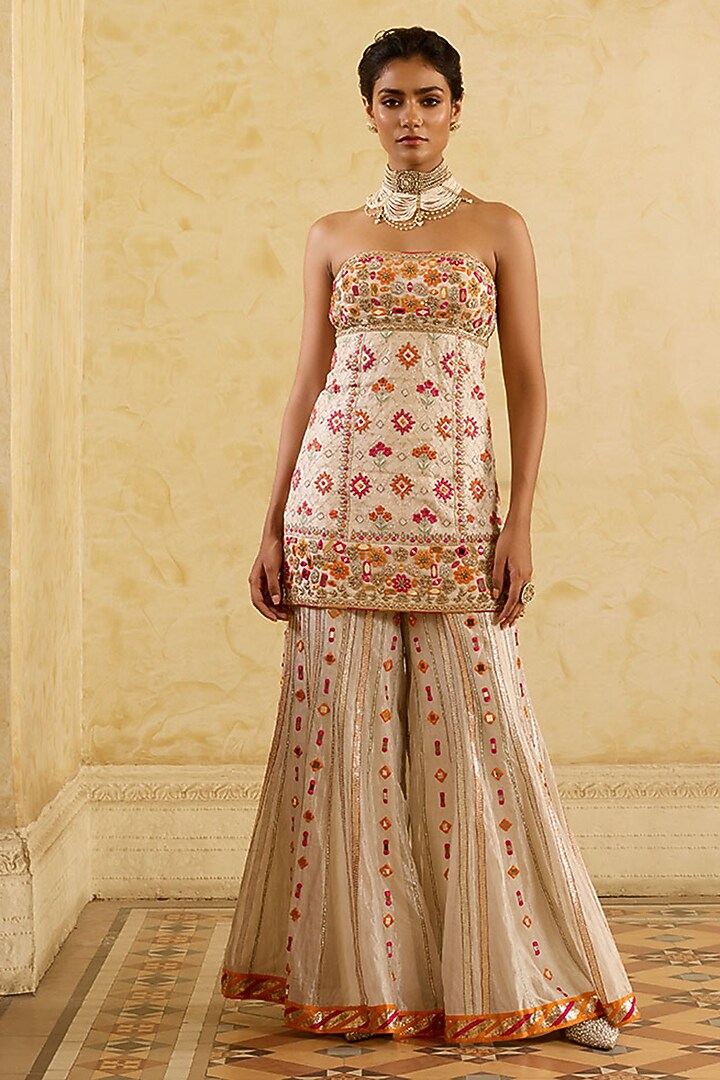 Ivory Tissue Silk Embroidered Bridal Sharara Set by Sureena Chowdhri at Pernia's Pop Up Shop