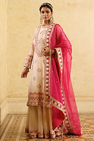 Light Gold Tissue Silk Resham Embroidered Kurta Set by Sureena Chowdhri