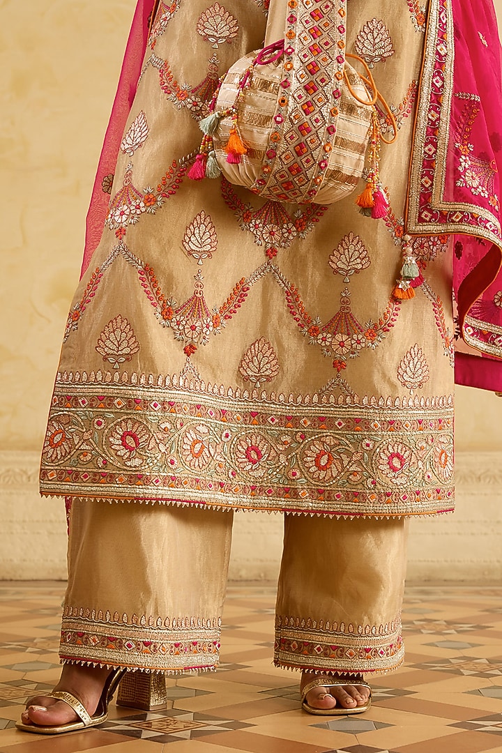 Dark Gold Tissue Silk Embroidered Kurta Set by Sureena Chowdhri at Pernia's Pop Up Shop