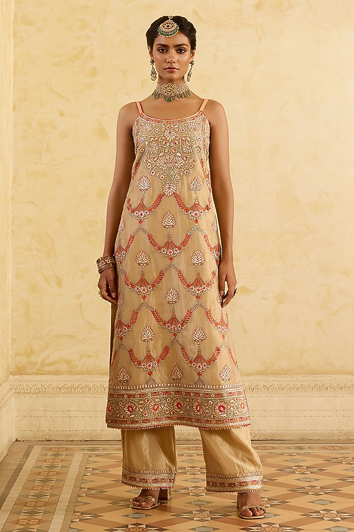 Dark Gold Tissue Silk Embroidered Kurta Set by Sureena Chowdhri at Pernia's Pop Up Shop