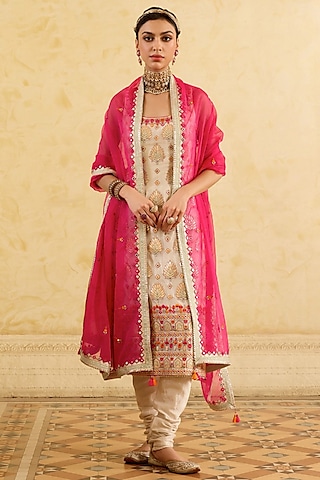 Ivory Tissue Silk Mirror Work Kurta Set by Sureena Chowdhri