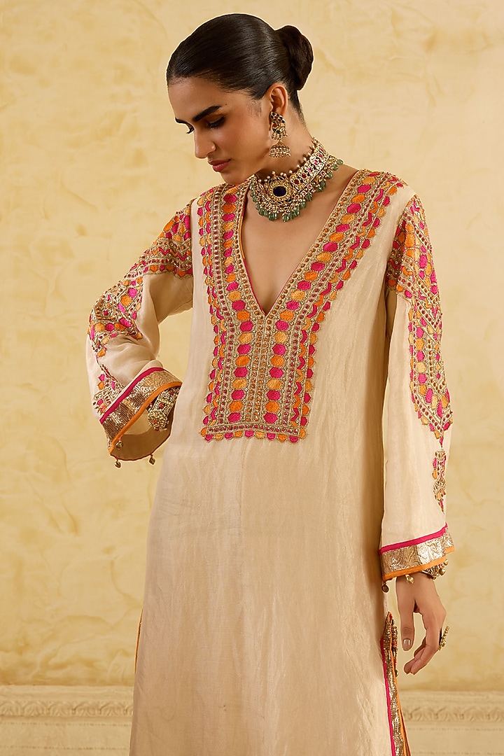 Light Gold Tissue Silk Beadwork Kaftan by Sureena Chowdhri at Pernia's Pop Up Shop