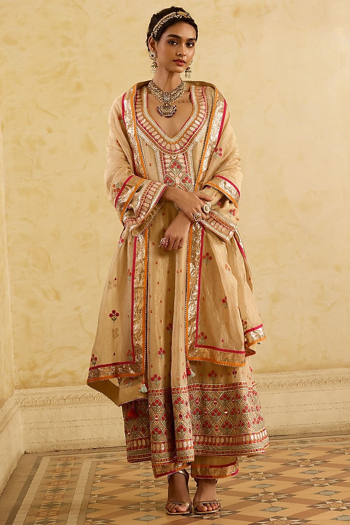 Dark Gold Tissue Silk Phulkari Embroidered Kurta Set by Sureena Chowdhri at Pernia's Pop Up Shop