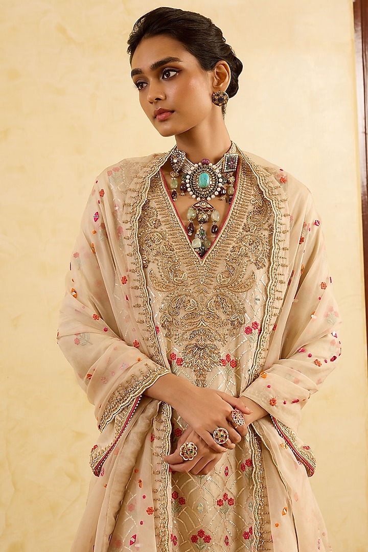 Light Gold Tissue Silk Floral Motifs Embroidered Short Kurta Set by Sureena Chowdhri at Pernia's Pop Up Shop