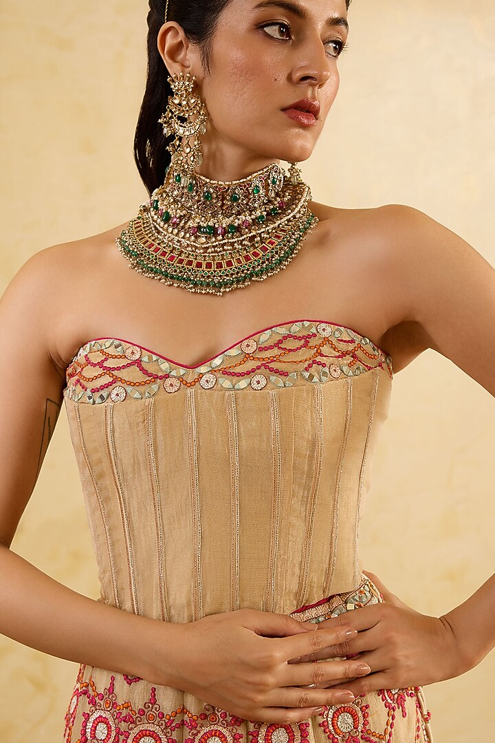 Dark Gold Tissue Silk Embroidered Wedding Lehenga Set by Sureena Chowdhri at Pernia's Pop Up Shop