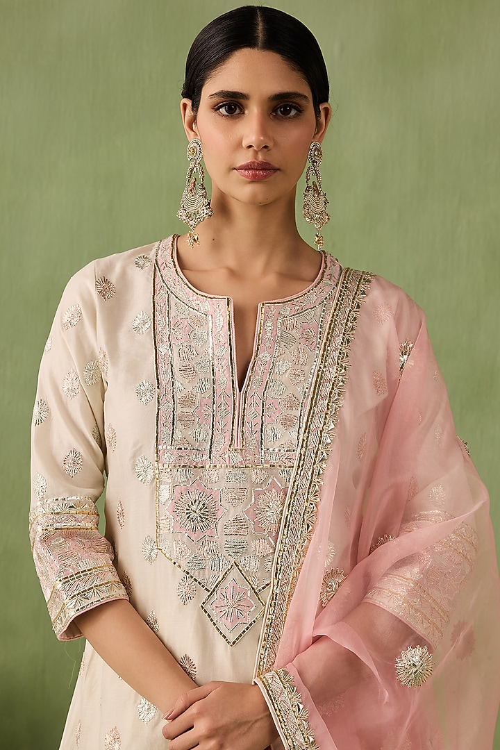 Ivory Silk Chanderi Embroidered A-line Kurta Set by Sureena Chowdhri at Pernia's Pop Up Shop