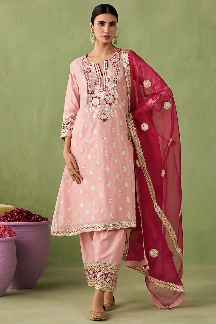 Blush Pink Silk Chanderi Embroidered A-line Kurta Set by Sureena Chowdhri