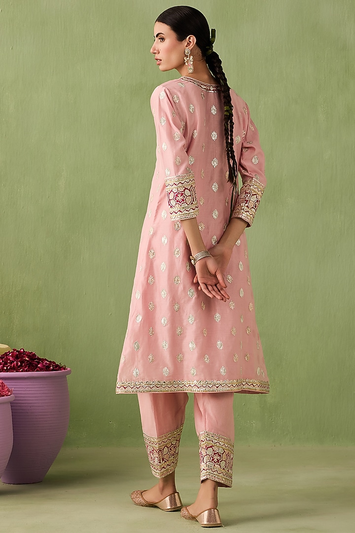 Blush Pink Silk Chanderi Embroidered A-line Kurta Set by Sureena Chowdhri at Pernia's Pop Up Shop