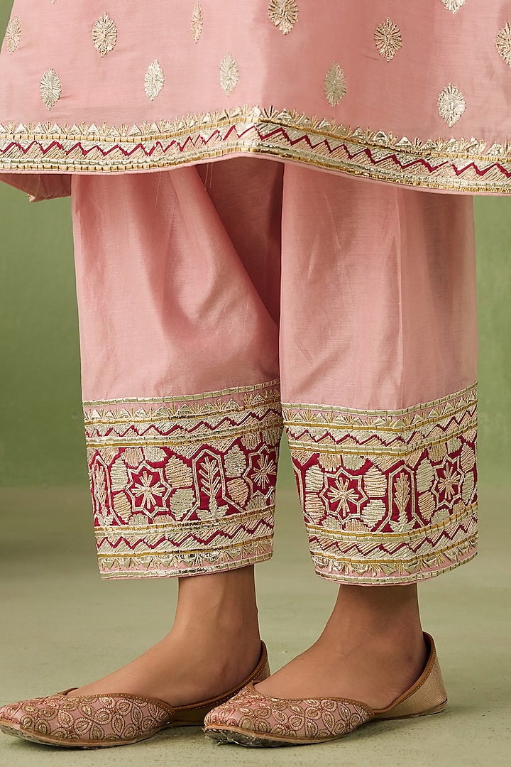 Blush Pink Silk Chanderi Embroidered A-line Kurta Set by Sureena Chowdhri at Pernia's Pop Up Shop