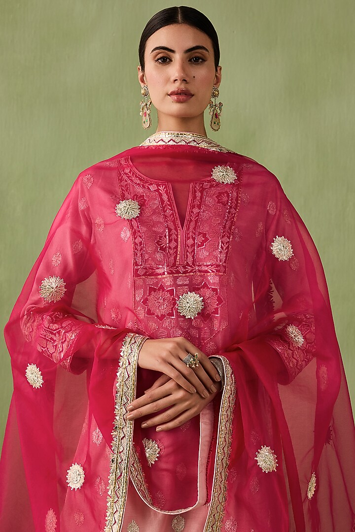 Blush Pink Silk Chanderi Embroidered A-line Kurta Set by Sureena Chowdhri at Pernia's Pop Up Shop