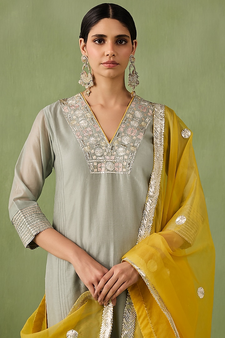 Sea Green Silk Chanderi A-line Kurta Set by Sureena Chowdhri at Pernia's Pop Up Shop