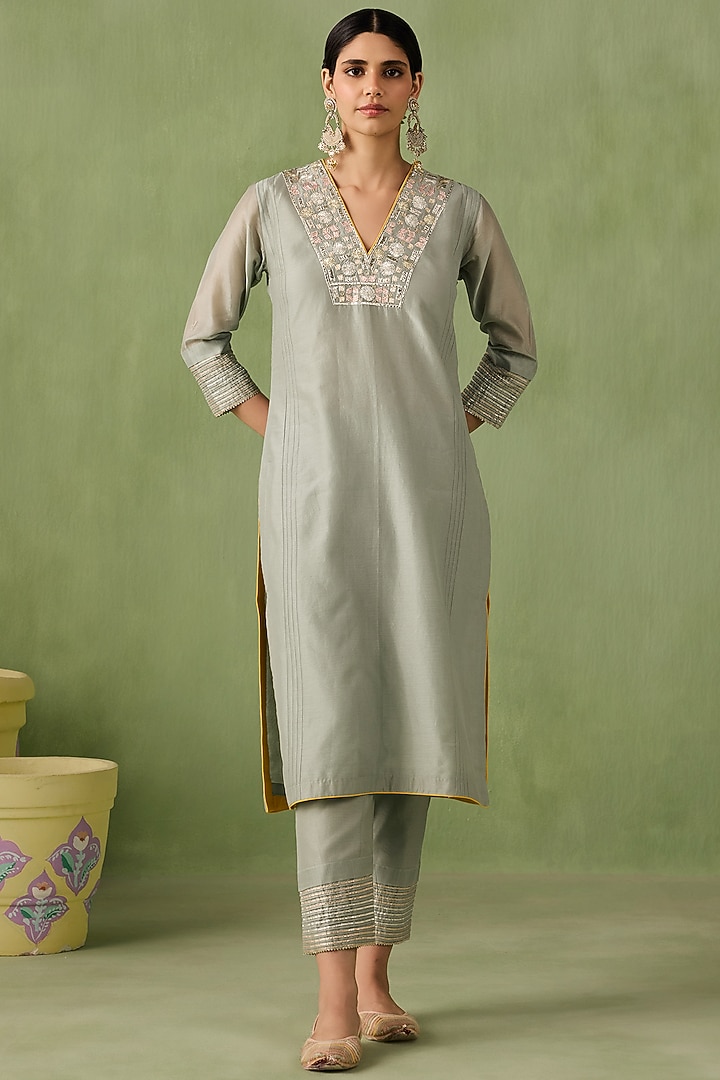 Sea Green Silk Chanderi A-line Kurta Set by Sureena Chowdhri at Pernia's Pop Up Shop