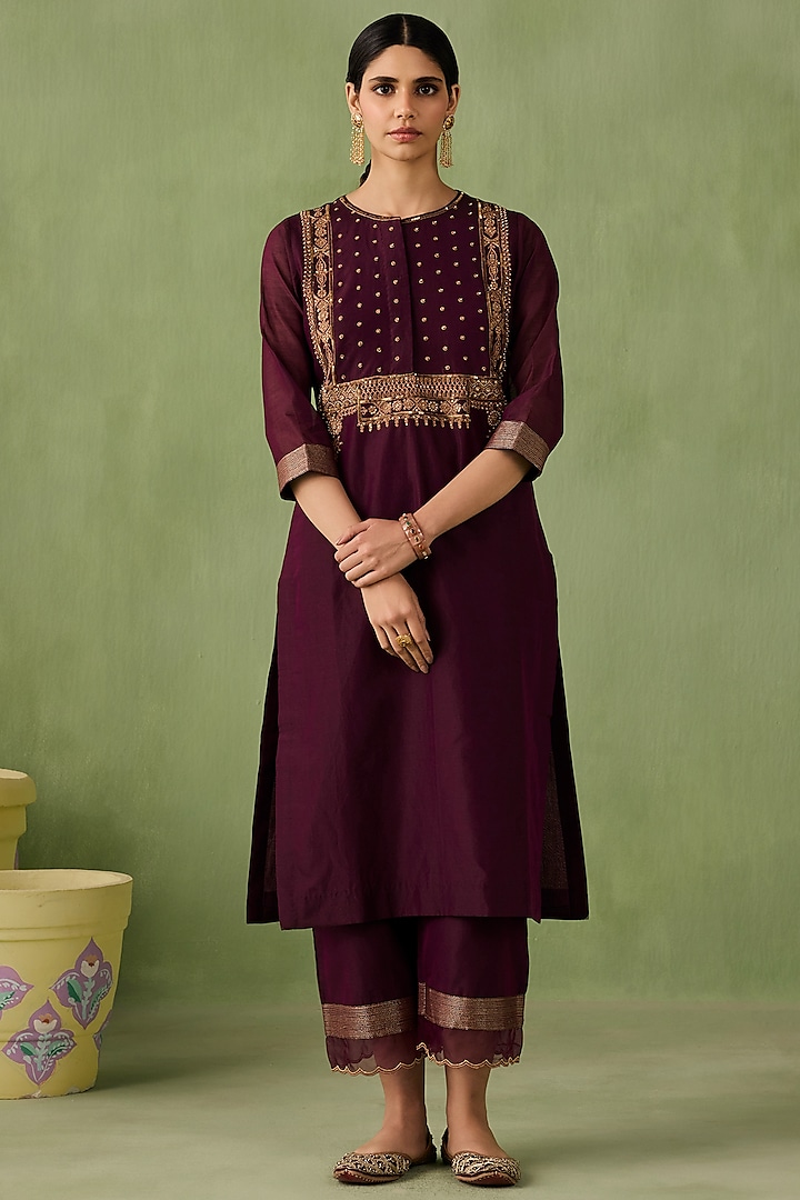 Wine Silk Chanderi Beadwork Kurta Set by Sureena Chowdhri at Pernia's Pop Up Shop