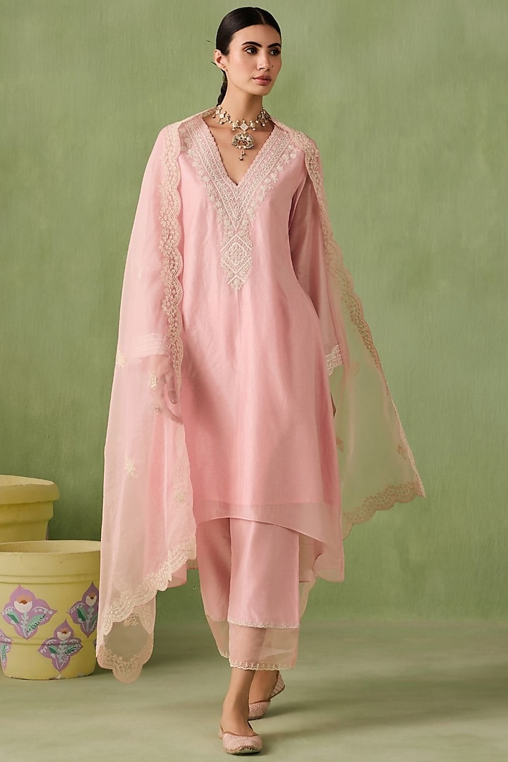 Blush Pink Silk Chanderi Sequins Embellished Asymmetrical High-Low Kurta Set by Sureena Chowdhri at Pernia's Pop Up Shop