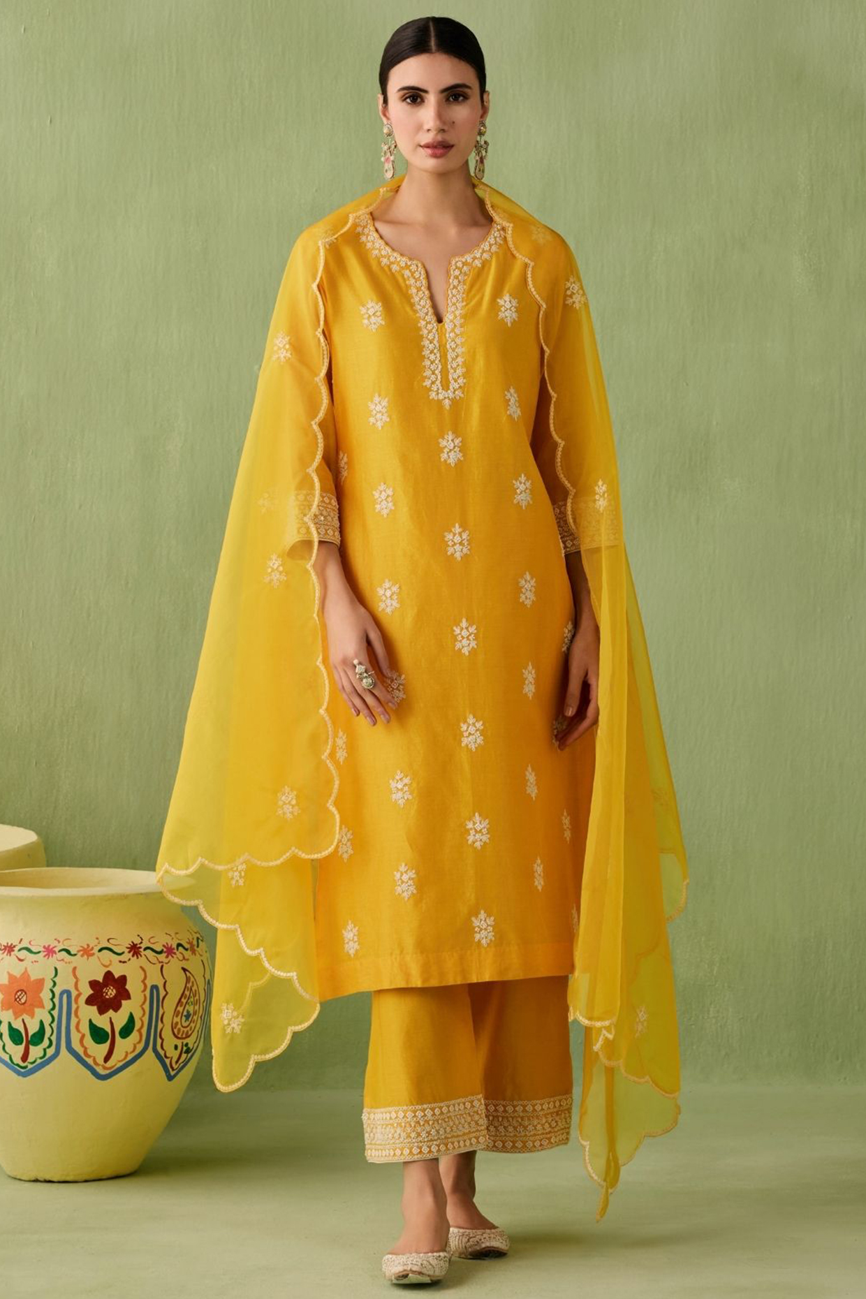 Dark Yellow Silk Chanderi Resham Embroidered Kurta Set by Sureena Chowdhri at Pernia's Pop Up Shop