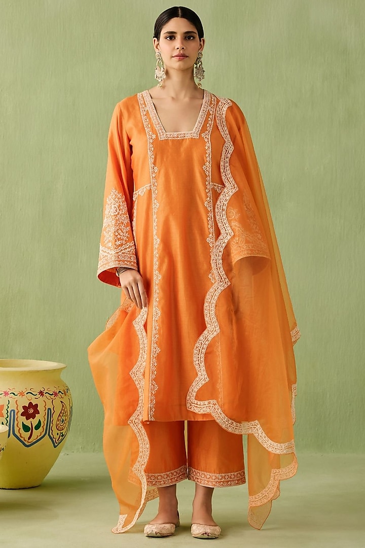 Orange Silk Chanderi Dori Embroidered Kurta Set by Sureena Chowdhri