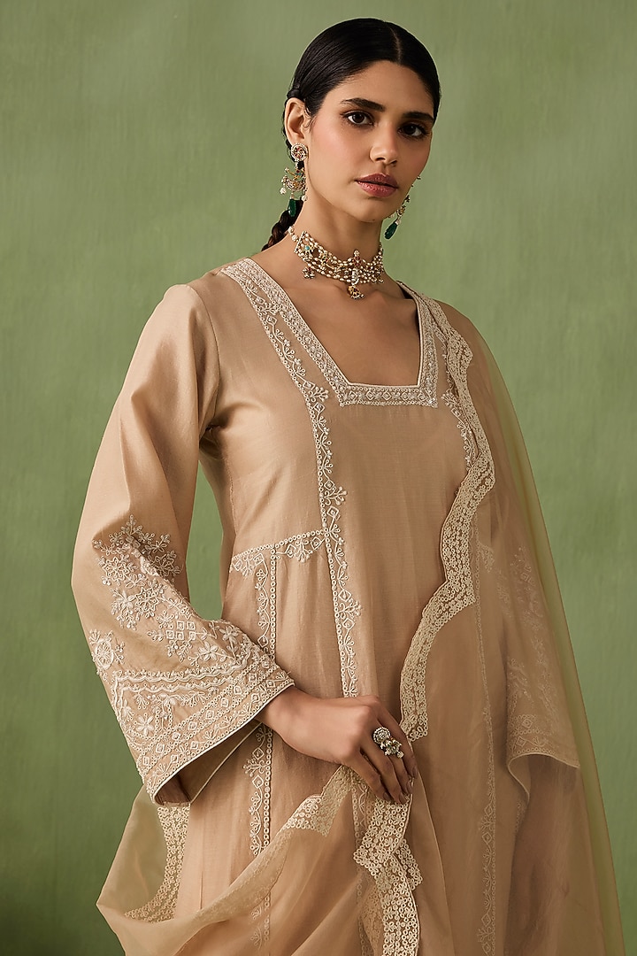 Dark Beige Silk Chanderi Dori Embroidered Kurta Set by Sureena Chowdhri at Pernia's Pop Up Shop