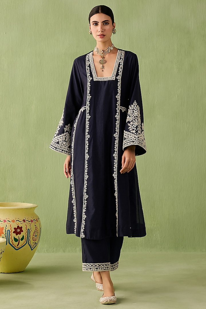 Navy Blue Silk Chanderi Dori Embroidered Kurta Set by Sureena Chowdhri at Pernia's Pop Up Shop