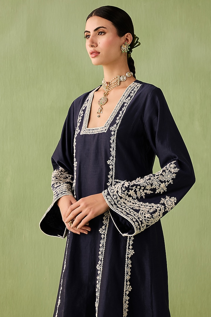 Navy Blue Silk Chanderi Dori Embroidered Kurta Set by Sureena Chowdhri at Pernia's Pop Up Shop