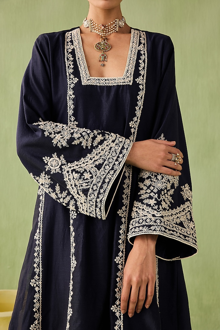 Navy Blue Silk Chanderi Dori Embroidered Kurta Set by Sureena Chowdhri at Pernia's Pop Up Shop