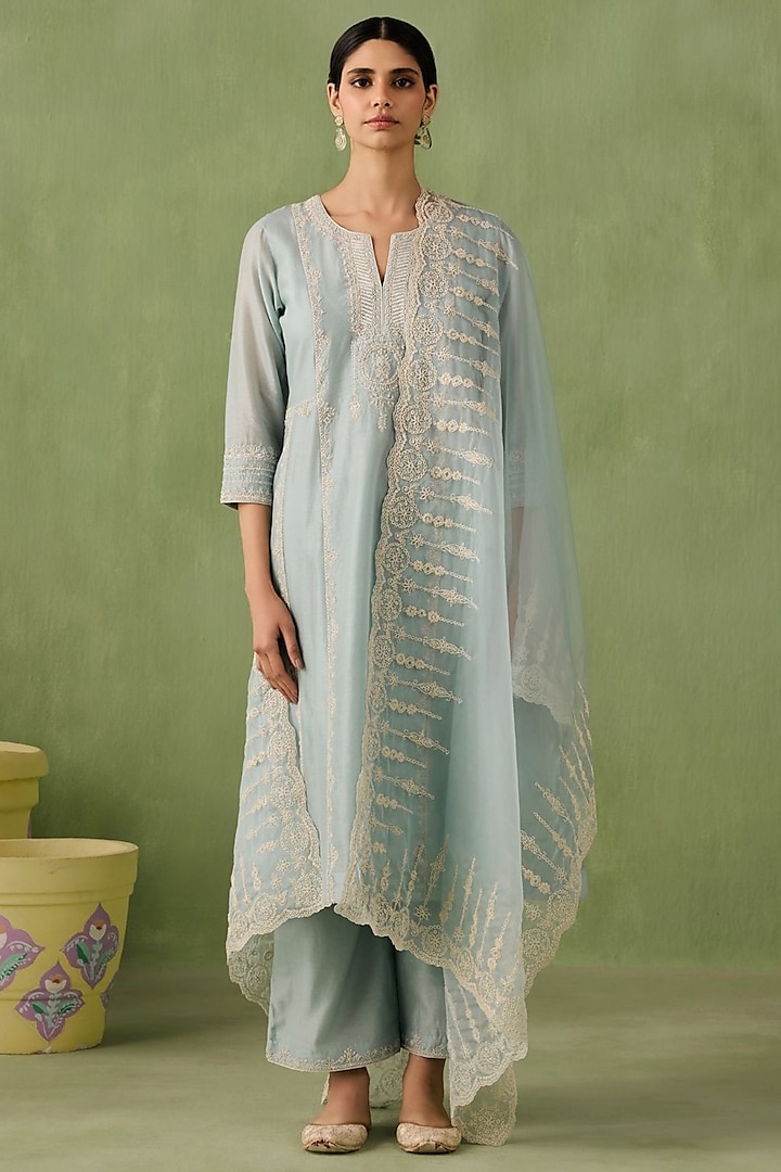 Powder Blue Silk Chanderi Sequins Embellished Kurta Set by Sureena Chowdhri