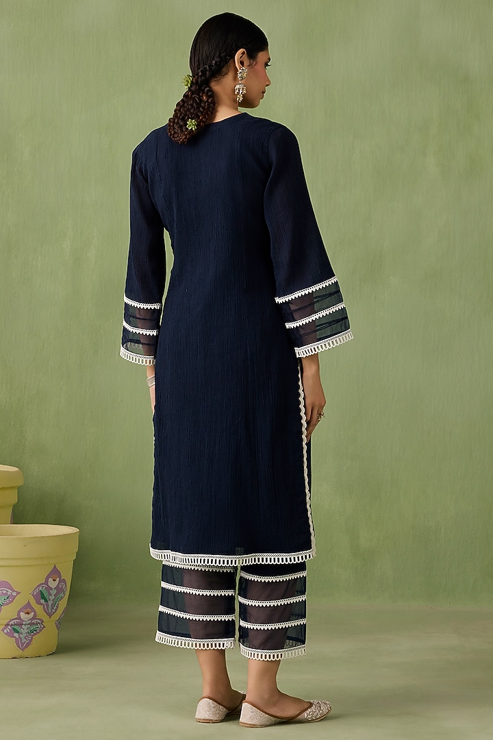 Navy Blue Cotton Gauze Lace Work Kurta Set by Sureena Chowdhri at Pernia's Pop Up Shop