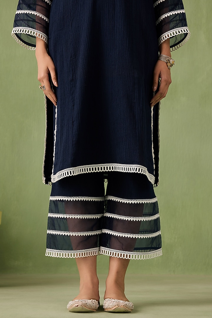 Navy Blue Cotton Gauze Lace Work Kurta Set by Sureena Chowdhri at Pernia's Pop Up Shop