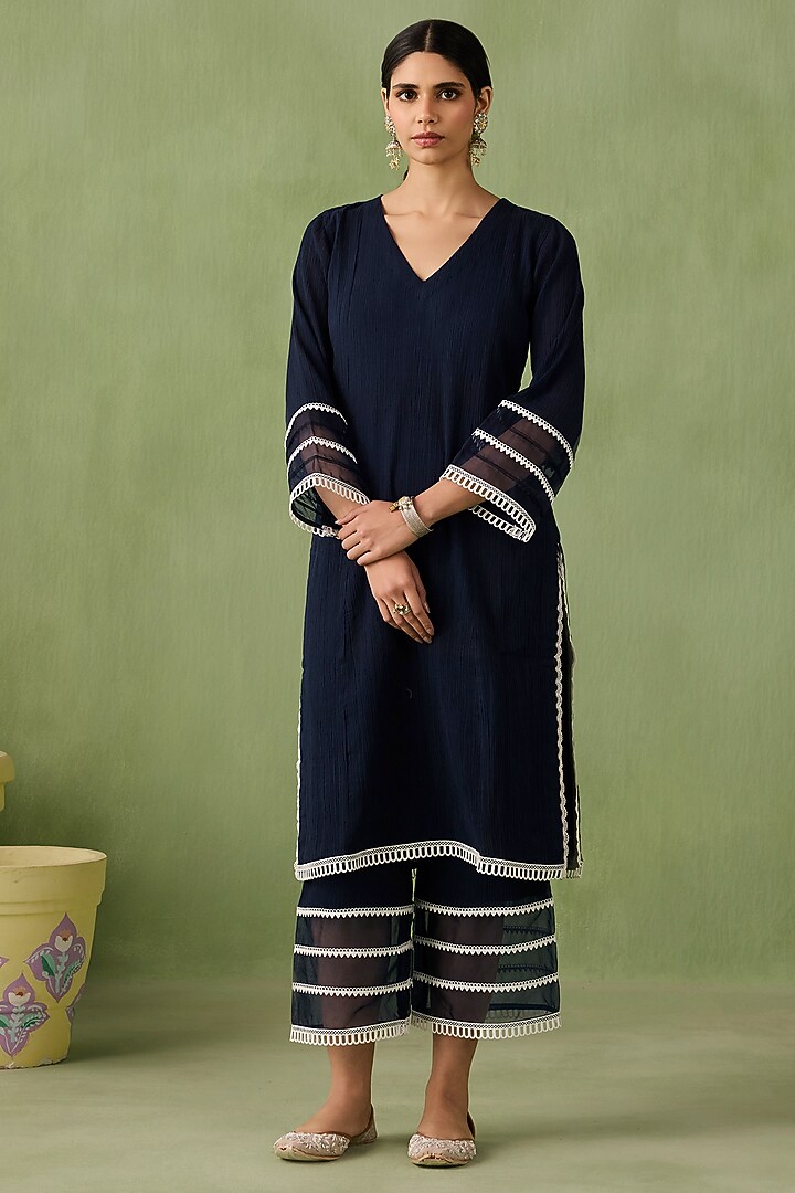 Navy Blue Cotton Gauze Lace Work Kurta Set by Sureena Chowdhri at Pernia's Pop Up Shop