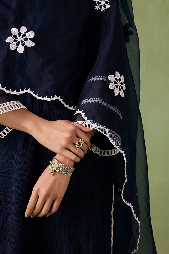 Navy Blue Cotton Gauze Lace Work Kurta Set by Sureena Chowdhri at Pernia's Pop Up Shop