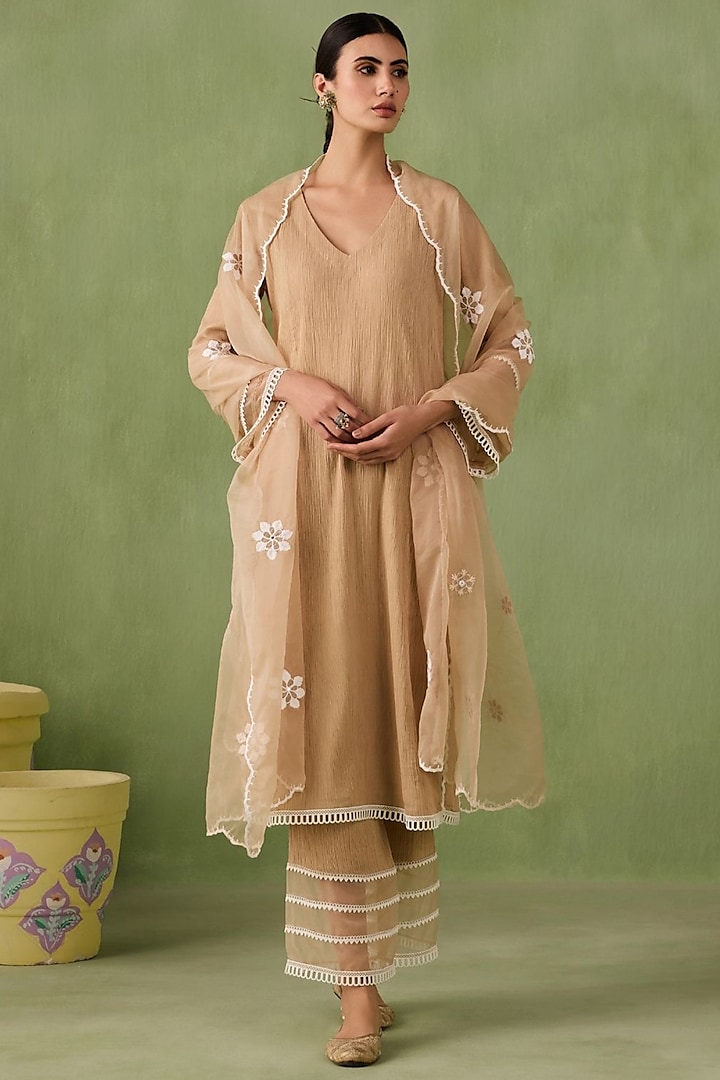 Soft Beige Cotton Gauze Lace Work Kurta Set by Sureena Chowdhri