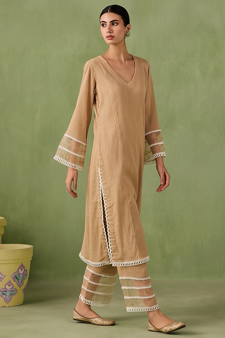 Soft Beige Cotton Gauze Lace Work Kurta Set by Sureena Chowdhri at Pernia's Pop Up Shop