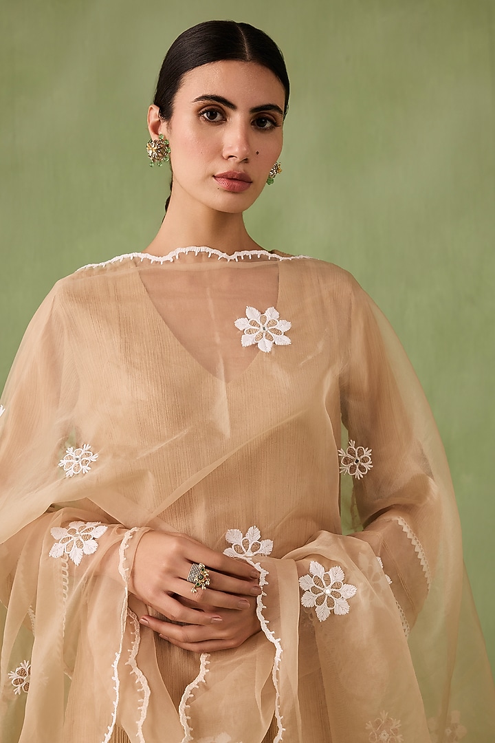 Soft Beige Cotton Gauze Lace Work Kurta Set by Sureena Chowdhri at Pernia's Pop Up Shop