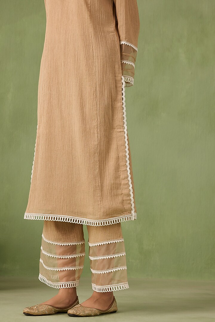 Soft Beige Cotton Gauze Lace Work Kurta Set by Sureena Chowdhri at Pernia's Pop Up Shop