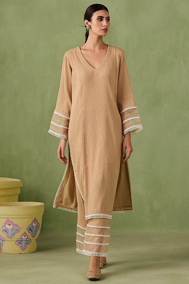 Soft Beige Cotton Gauze Lace Work Kurta Set by Sureena Chowdhri at Pernia's Pop Up Shop