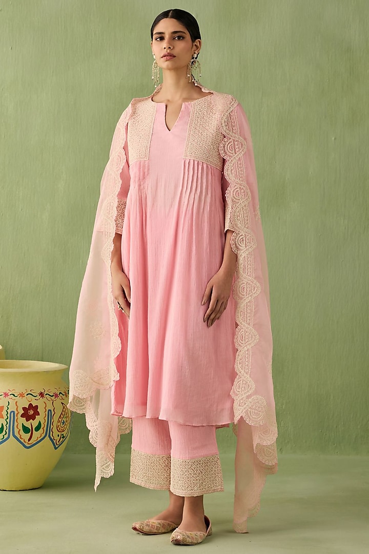 Rose Pink Cotton Gauze Kurta Set by Sureena Chowdhri