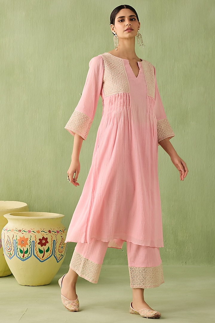 Rose Pink Cotton Gauze Kurta Set by Sureena Chowdhri at Pernia's Pop Up Shop