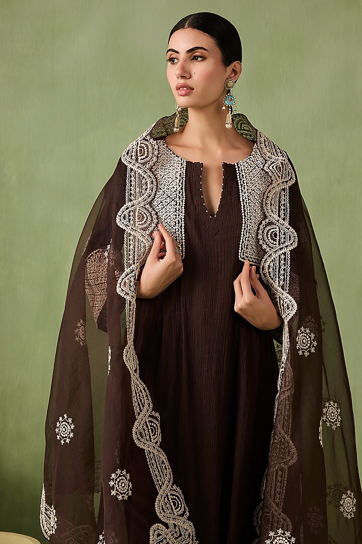 Earthy Brown Cotton Gauze Kurta Set by Sureena Chowdhri at Pernia's Pop Up Shop