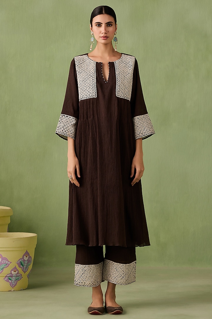 Earthy Brown Cotton Gauze Kurta Set by Sureena Chowdhri at Pernia's Pop Up Shop