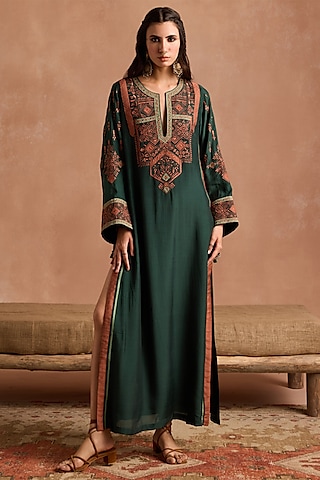 Bottle Green Muslin Applique Patchwork Kaftan by Sureena Chowdhri