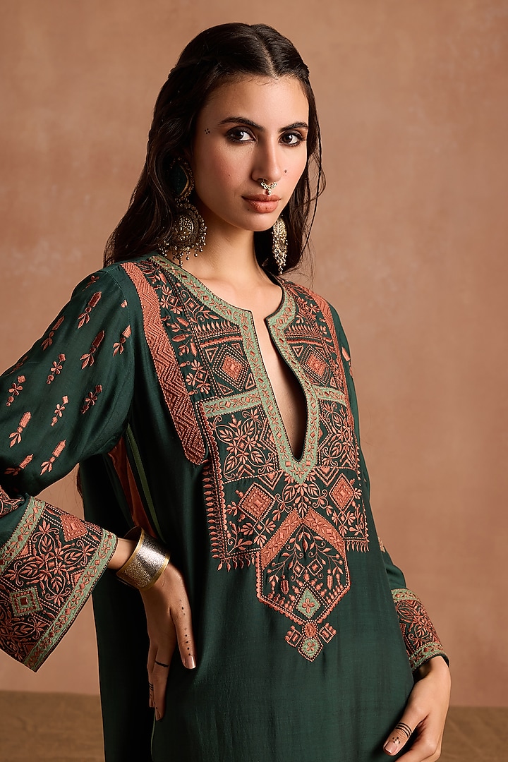 Bottle Green Muslin Applique Patchwork Kaftan by Sureena Chowdhri at Pernia's Pop Up Shop