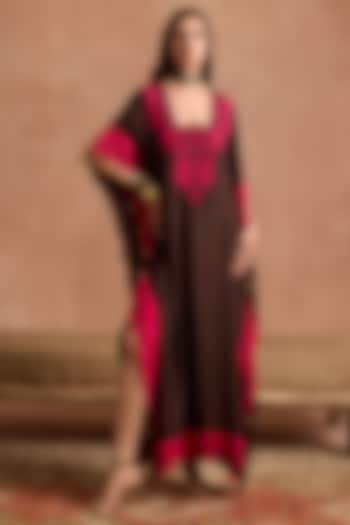 Brown Muslin Applique Patchwork Kaftan by Sureena Chowdhri at Pernia's Pop Up Shop