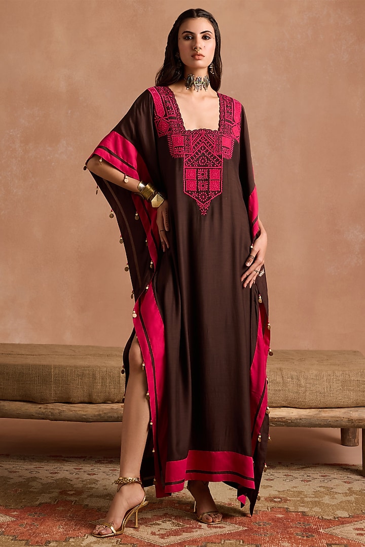 Brown Muslin Applique Patchwork Kaftan by Sureena Chowdhri at Pernia's Pop Up Shop